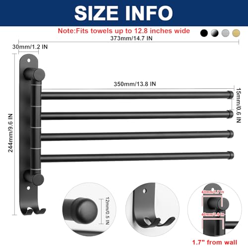 NearMoon Swivel Towel Rack, 13.8" Thicken 304 Stainless Steel 4-Arm Towel Bar, Space Saving Wall Mounted Towel Holder with Hook, Rustproof Swing Out Towel Hanger for Bathroom, Kitchen (Matte Black) - color: Matte Black, size: 13.8 Inch-Round