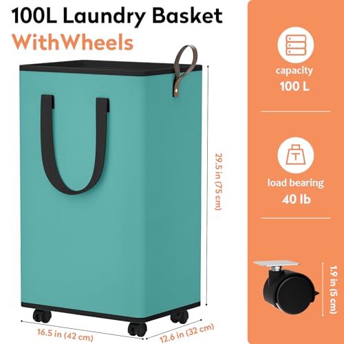 SpaceTrove Rolling Laundry Basket with Wheels, Laundry Hamper, 100L, Green - color: Green, size: 100L