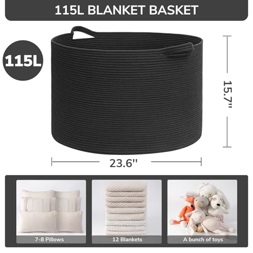 INDRESSME 115L Extra Large Woven Rope Blanket Basket Living Room, Black - color: Black, size: 23.6"D x 15.7"H