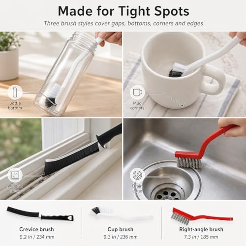 QWORK Crevice Cleaning Brush 9 Pcs Set, Multi-Purpose Gap Brushes with Wire, Right-Angle & Narrow Bristle Tools
