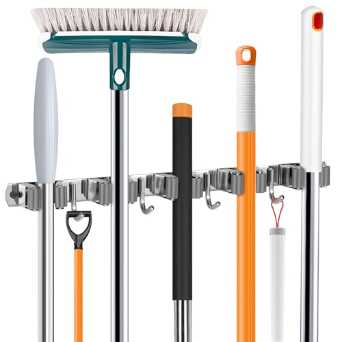 UNIFUN Broom Holder Wall Mount, 5 Racks 4 Hooks, Stainless Steel Organizer