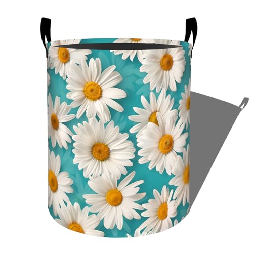 Beautiful White Daisy on Bright Teal Background Laundry Basket, Dorm Nursery Foldable Laundry Hamper Organizer for Bathroom Decor, Toy Clothes Storage Box for Bedroom 19.7x15.7 Inch - style: Daisy20