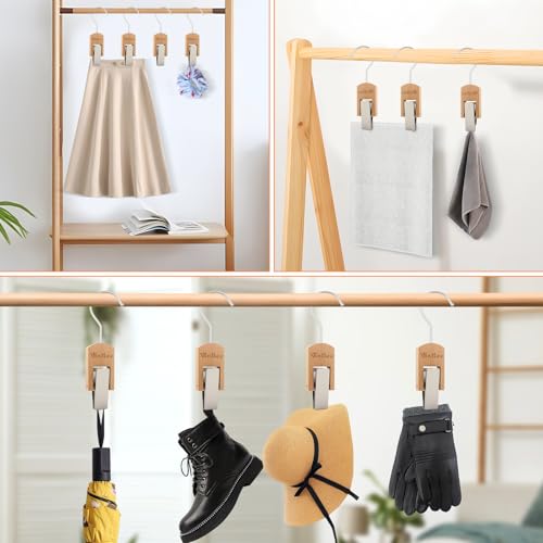 VinBee 6Pcs Laundry Hooks Clips Hanger Wooden Laundry Clips with Hooks Closet Organizer Clamps Clothes Clips Laundry Hanging Clips Towel Clips for Socks, Boot, Bras Bathroom Wardrobe Kitchen, Black