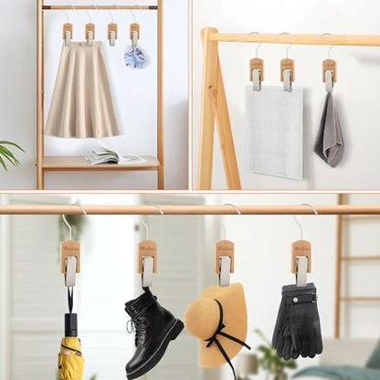 VinBee 6Pcs Laundry Hooks Clips Hanger Wooden Laundry Clips with Hooks Closet Organizer Clamps Clothes Clips Laundry Hanging Clips Towel Clips for Socks, Boot, Bras Bathroom Wardrobe Kitchen, Black