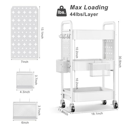 3 Tier White Rolling Storage Cart Metal with DIY Pegboard and Wheels - color: White