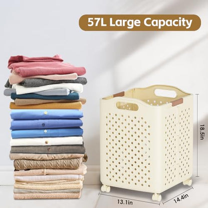 57L Foldable Collapsible Laundry Basket, with Wheels+Handles(Cream White) - color: Cream White