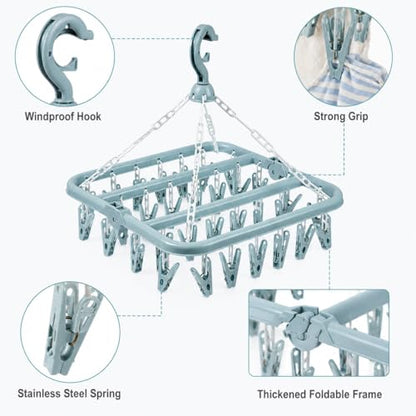 32-Clip Hanging Drying Rack, Thickened Plastic Windproof Clothes Hanger with Clips, Foldable Sock Drying Rack for Underwear, Clothes, Towels and Small Laundry, Indoor Outdoor Laundry Hanger (Blue) - color: Blue