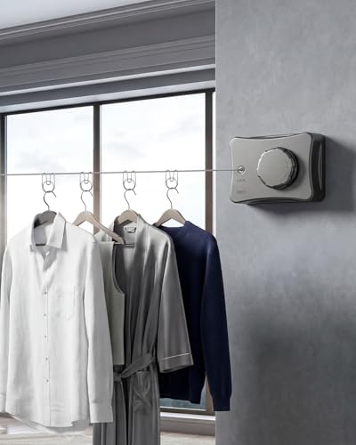 17.7 Ft Retractable Clothesline, Non-Sagging Wall Mounted Laundry Line with 10Pcs Clothespins, Heavy Duty Auto Retracted Indoor Outdoor Clothes Line for Bathroom Balcony Apartment RV Travel, 44LB MAX