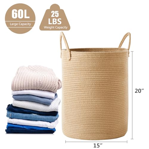 60L Jute Woven Rope Laundry Basket Tall Wicker Hamper for Clothes - color: Jute, size: Large (60L)