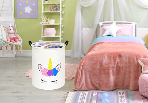 Round Laundry Basket Storage Bins Nursery Hamper Gift Baskets for Home,Office,Home Decor - color: Flower unicorn