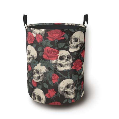 Skull Head Laundry Basket,Rose Foldable Oxford Cloth Laundry Hamper with Handles Waterproof Dirty Clothes Storage Basket for Bathroom Bedroom Dorm Room 16" x 20.8" - color: Skull Head Rose