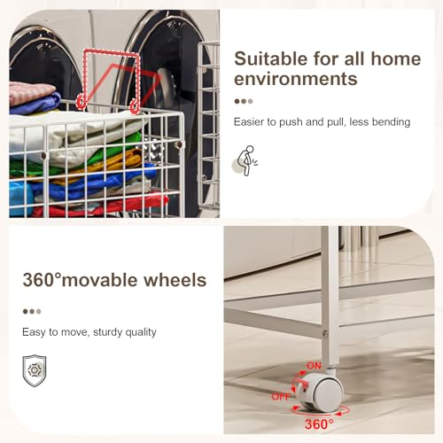 Laundry Basket with Wheels,80L Wire Rolling Laundry Basket with Pull Handle,White High Laundry Cart for Laundry Room,Bathroom,Bedroom-White(23.6 * 15.75 * 28inch) - color: White, size: 23.6*15.75*27.95inch
