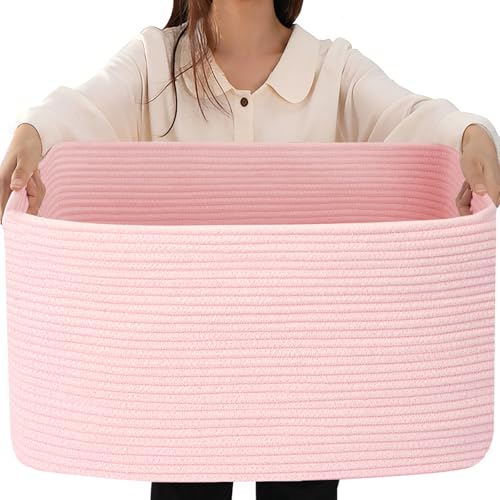 75L Large Woven Storage Basket, Pink Cotton Rope Laundry Hamper with Handles, 22”x17”x12” Rectangle Blanket Basket for Toys, Clothes, Pillows, Nursery and Living Room,Shelf Basket - color: Pink, size: 75L