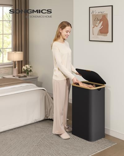 SONGMICS Laundry Hamper with Lid, 100L Laundry Basket, Bamboo Frame - color: Ink Black, size: 100 L (1-Section)