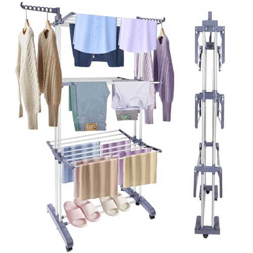 Heavy Duty Clothes Drying Rack, 4-Tier Foldable Laundry Drying Rack 70" Tall, Freestanding Stainless Steel Drying Rack with Collapsible Base & 24 Hanging Rods for Clothing, Bed Linens, Towels - Gray