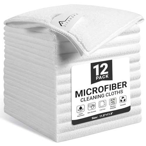 SIFANGKE Microfiber Cleaning Cloth, 12 Pack Lint-Free and Highly Absorbent Rags, White Reusable Microfiber Towels for Car, Kitchen, Bathroom and Household Cleaning Supplies, 11.8"X11.8" - color: H.white, size: 1 Count (Pack of 12)