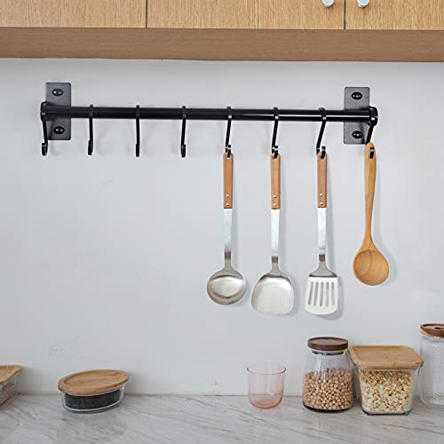 Dseap Kitchen Utensil Holder Hanger, Pot and Pan Rack Wall Mounted, Kitchen Rail with 8 Hooks for Hanging Cooking Utensils, Mugs, Spoons, Wall Mounted, Black - color: Black