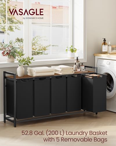 VASAGLE Laundry Hamper with Shelf, 5 Pull-Out Bags, 5 x 10.6 Gallons (40L) - color: Black + Rustic Brown, size: 5 Bags - 200 L