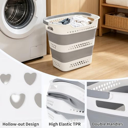 2 Pcs Collapsible Laundry Baskets, 43L Plastic Laundry Hamper for Dirty Clothes Dorm Bedroom, Space Saving Pop-Up Laundry Hamper Container, Foldable Durable Laundry Basket with Handle