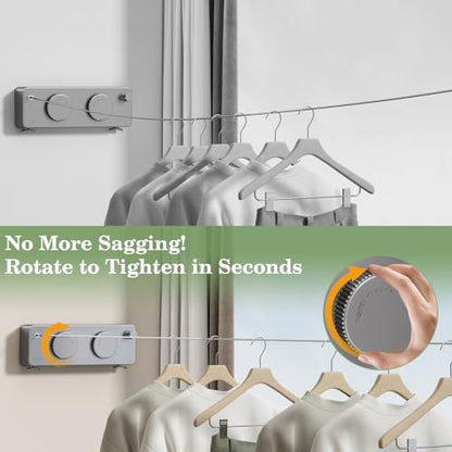 Danpoo Retractable Clothesline, Anti-Sag Adjustable Knob Heavy-Duty Clothes Line for Indoors/Outdoors with 2 * 13.8ft Stainless Steel Wire, Laundry Wall Drying Solutions, Gray - style: Grey