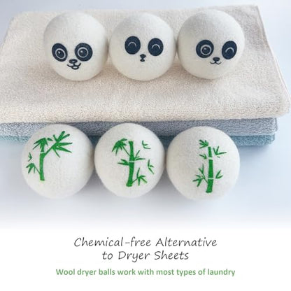 Wool Dryer Balls Laundry Reusable, 100% Natural New Zealand Wool Balls for Dryer, 6 in 1 Pack (Panda)