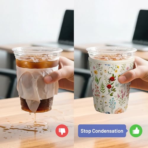 Iced Coffee Sleeve Reusable Neoprene Cup Sleeves, Floral - color: Floral