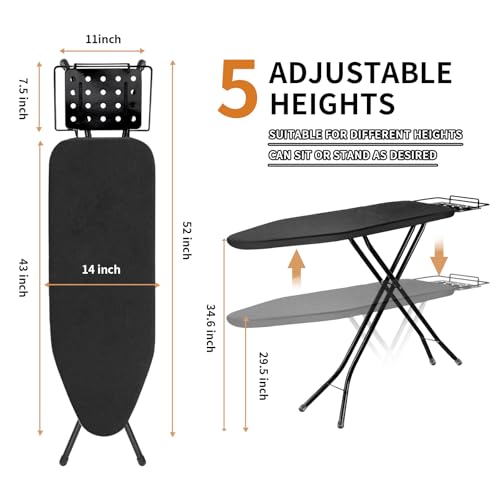 Ironing Board, 43x14 Inch Iron Board with Steam Rest, Heavy Duty Metal Frame Legs Ironing Table with Heat Resistant Cover Mat, Foldable Full Size Hanger Ironing Stand (Black, 52" L x 14" W x 34.6" H) - color: Black