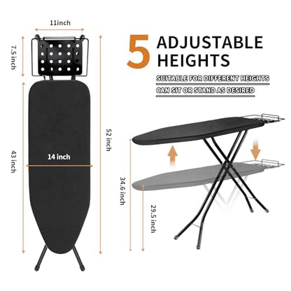 Ironing Board, 43x14 Inch Iron Board with Steam Rest, Heavy Duty Metal Frame Legs Ironing Table with Heat Resistant Cover Mat, Foldable Full Size Hanger Ironing Stand (Black, 52" L x 14" W x 34.6" H) - color: Black