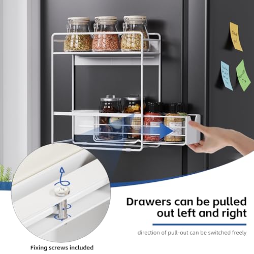 2 Tier Magnetic Shelves for Washing Machine with Pull Out Metal Drawer - color: White