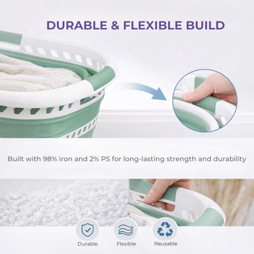 Laundry 360 Collapsible Laundry Basket | Portable | Space Saver Storage | Hold 2 Loads | Store Under the Bed or Closet | Good for Kids | Dorm | Bedroom | Large | White/Sage - size: 1 Pack Sage 40L