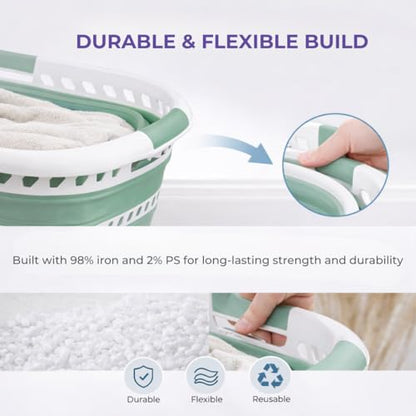 Laundry 360 Collapsible Laundry Basket | Portable | Space Saver Storage | Hold 2 Loads | Store Under the Bed or Closet | Good for Kids | Dorm | Bedroom | Large | White/Sage - size: 1 Pack Sage 40L