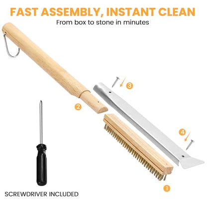 21'' Pizza Brush with Stainless Steel Stone Scraper - Brass Bristles - Wood Handle - Hanging Ring - Outdoor Pizza Oven Accessory - Compatible with Ooni, Gozney, Blackstone, Solo Stove Ovens - size: 21 Inch