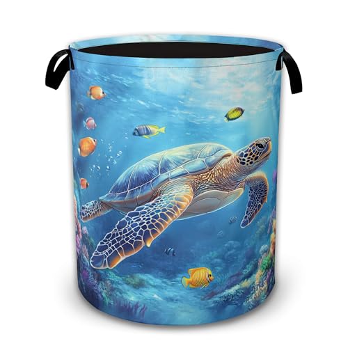 Laundry Hamper Foldable with Handles,Sea Turtle Oxford Cloth Basket,Fish Coral Colorful Large Capacity Storage Organizer for Bedroom Bathroom Dorm Room - color: Sea Turtle,Fish Coral Colorful
