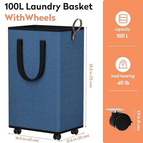 SpaceTrove Rolling Laundry Basket with Wheels, Laundry Hamper, 100L, Navy - color: Navy, size: 100L