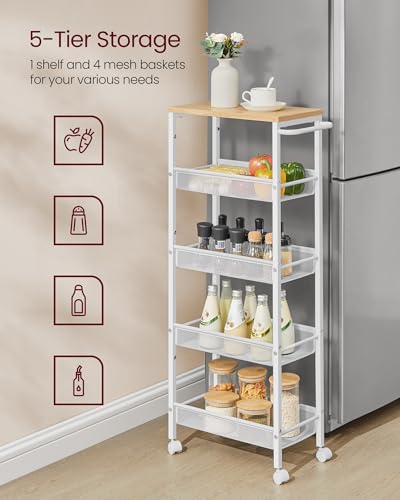 VASAGLE 5-Tier Slim Rolling Storage cart with Wheels, 8.7 Inches, Metal - color: Oak Beige + Classic White, size: 5 Tiers (8.7"D x 39.2"H)