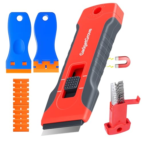 Razor Blade Scraper with 2 Pcs Plastic Scraper, Scraper Tool for Cooktop, Oven, Stove, Labels Decal, Plastic Blades for Clean Glass Window, Scraper Buit-In Blade torage, Upgraded Lock Mechanism,Gray