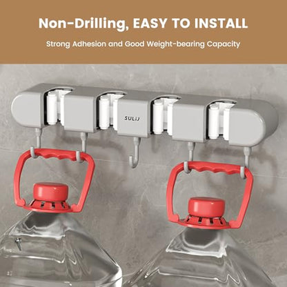 3PCS Broom Holder Wall Mount, No-Drilling Self-Adhesive Mop and Broom Storage Rack (4 Racks with 5 Hooks),Wall-Mounted Broom Hanger for Bathroom, Kitchen, Closet, Garage (Gray)