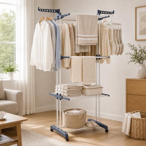 Clothes Drying Rack, 4-Tier Foldable Drying Rack Clothing with 4 Castors, 24 Poles & 14 Hooks, Movable Stand for Bed Linen, Indoor Outdoor Use, 67.7" High