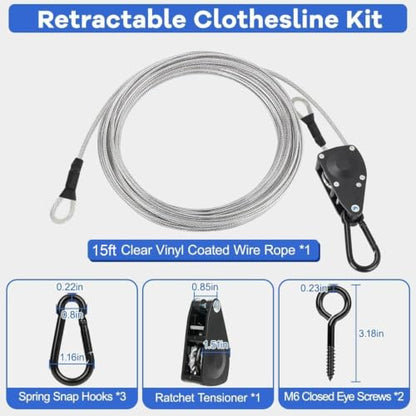 TooTaci Outdoor Clothesline Kit, 15ft 3/16" PVC Coated Clothesline Cable - size: 15ft