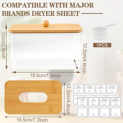 Dryer Sheet Holder, Clear Dryer Sheet Dispenser with Bamboo Lid