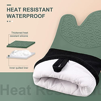 Silicone Oven Mitts - 14.6" Heat Resistant Oven Gloves for Baking, Cooking - color: Midnight Green & Black, size: 14.6in Oven Mitts