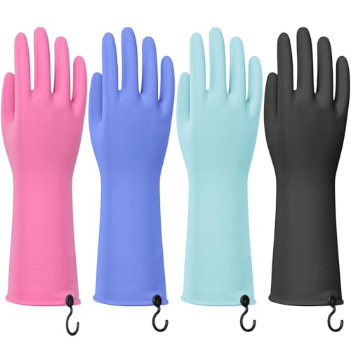 4 Pairs Rubber Dishwashing Gloves with Hanging Hooks - Reusable Cleaning Gloves for Kitchen & Household, Non-Slip, Durable and Flexible (Small, 4 Colors: Black, Pink, Blue, Purple) - size: Small