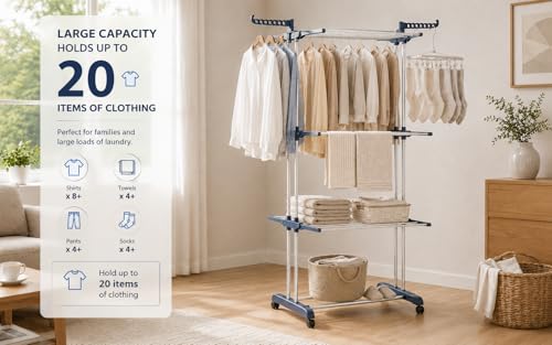 Clothes Drying Rack, 4-Tier Foldable Drying Rack Clothing with 4 Castors, 24 Poles & 14 Hooks, Movable Stand for Bed Linen, Indoor Outdoor Use, 67.7" High