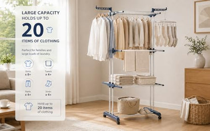 Clothes Drying Rack, 4-Tier Foldable Drying Rack Clothing with 4 Castors, 24 Poles & 14 Hooks, Movable Stand for Bed Linen, Indoor Outdoor Use, 67.7" High