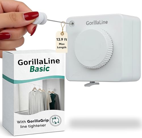 GorillaLine Basic - Retractable Clothesline Indoor Outdoor Clothes Line - Non-Sagging Heavy Duty Clothes Drying Laundry Line - Wall Mounted Drying Rack - Air Dry Clothing - Tighten with GorillaGrip - color: White