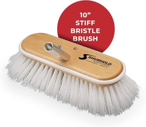 Shurhold Classic Deck Brush – Boat Cleaning Brush with Wood Block, Rubber Bumper & Durable Bristle Design - color: Stiff, White - 10", style: Deck Brush Stiff