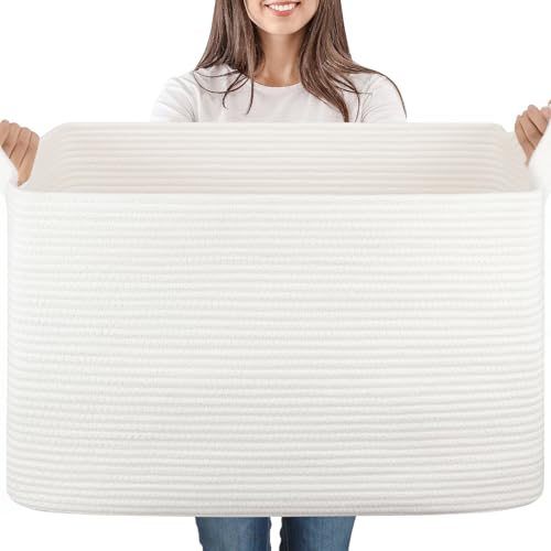 65L Large Woven Blanket Basket for Living Room, 19.7"x15.7"x11.8" - color: White, size: 24"x16.9"x14.2"