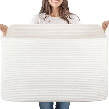 65L Large Woven Blanket Basket for Living Room, 19.7"x15.7"x11.8" - color: White, size: 24"x16.9"x14.2"