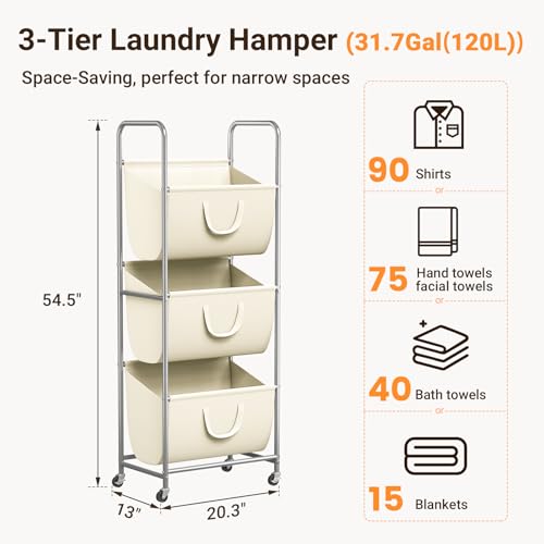 ELYKEN 3-Tier Vertical Rolling Laundry Hamper with Wheels & Removable Bags - color: Creamy