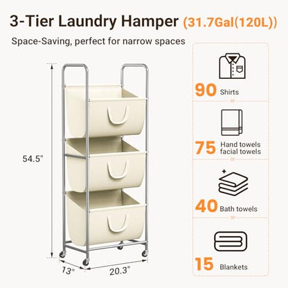 ELYKEN 3-Tier Vertical Rolling Laundry Hamper with Wheels & Removable Bags - color: Creamy
